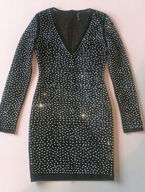 San Joy Night Sky Rhinestone Mesh Long Sleeve Mini Dress